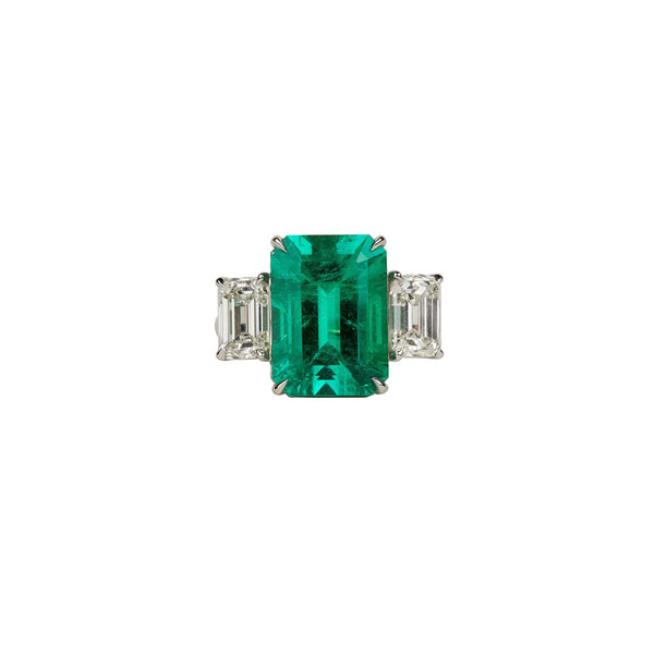 Maria Jose Jewelry Emerald and Diamond Three Stone Ring Front View