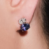 Maria Jose Jewelry Double Oval Diamond and Sapphire Earrings on model's left ear detail view