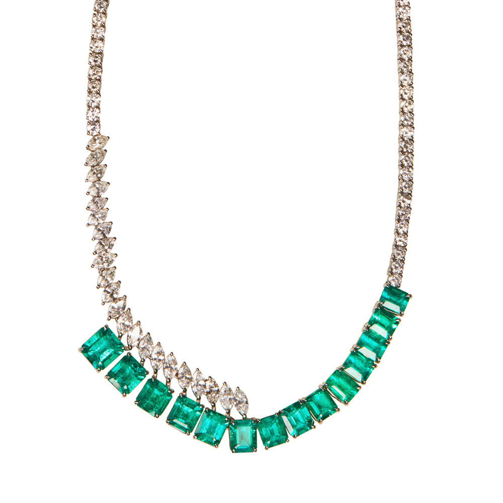 Maria Jose Jewelry Haute Emerald and Diamond Necklace laying flat detailed view