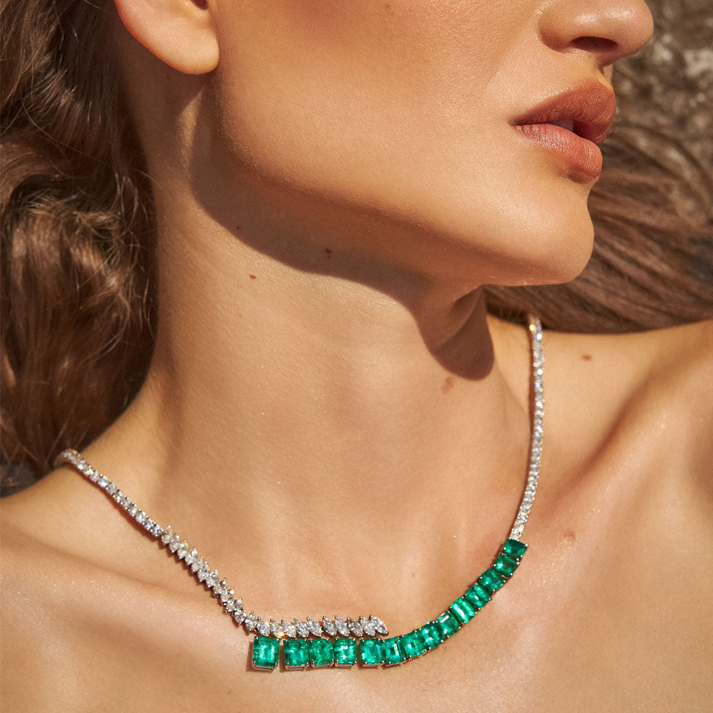 Maria Jose Jewelry Haute Emerald and Diamond Necklace laying flat detailed view