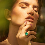 Maria Jose Jewelry 6.98 Carat Colombian Emerald and Diamond Ring on Model Eyes Closed