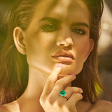 Maria Jose Jewelry 6.98 Carat Colombian Emerald and Diamond Ring on Model Looking Forward