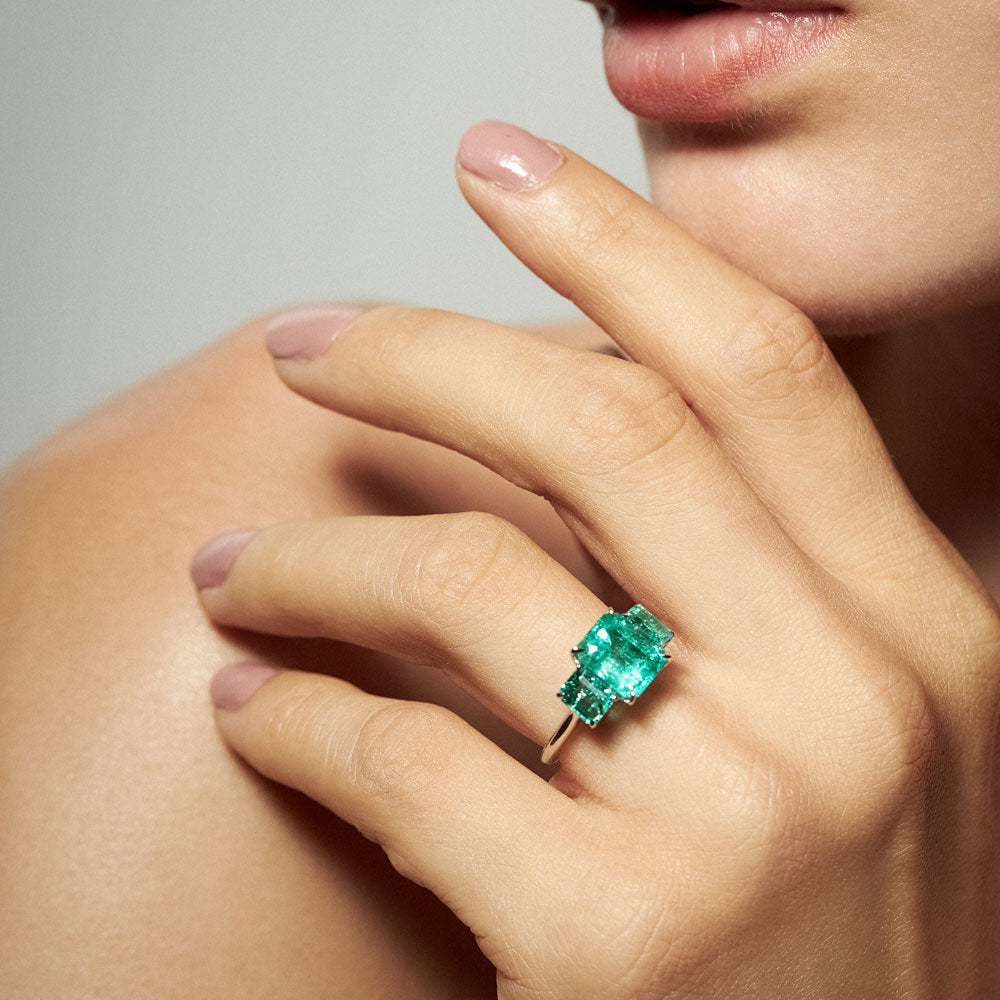 Maria Jose Jewelry Colombian Emerald Three Stone Ring Front View