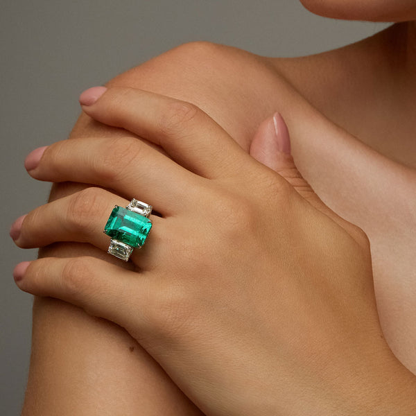 Maria Jose Jewelry Emerald and Diamond Three Stone Ring Front View