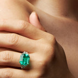 Maria Jose Jewelry 8.29 Carat Colombian Emerald Ring on Model Close Up